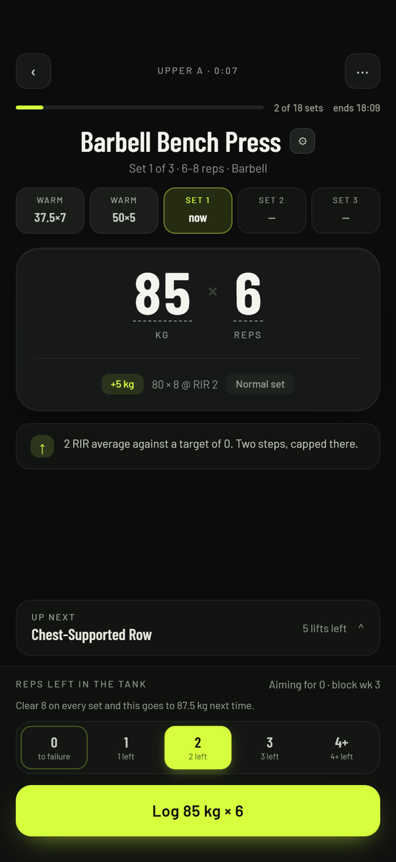 The live workout screen with weight and reps in large numerals and a reps-in-reserve selector.